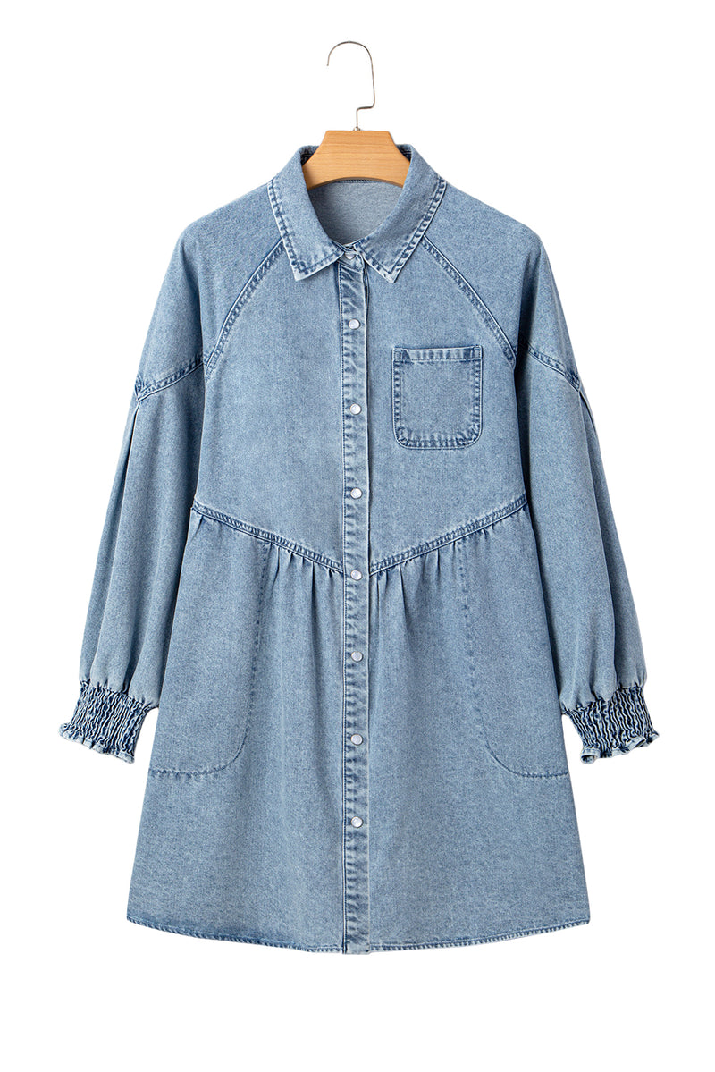 Smocked Cuffs Flared Denim Shirt Mini Dress