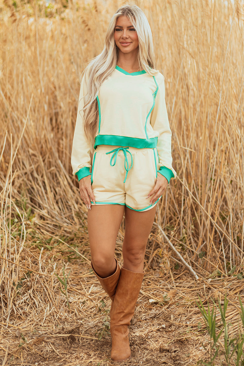 Contrast Trim Colorblock Long Sleeve Pullover and Drawstring Shorts 2pcs Outfit