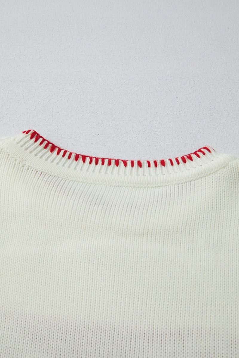 Bow Pattern Contrast Trim Christmas Loose Graphic Sweater