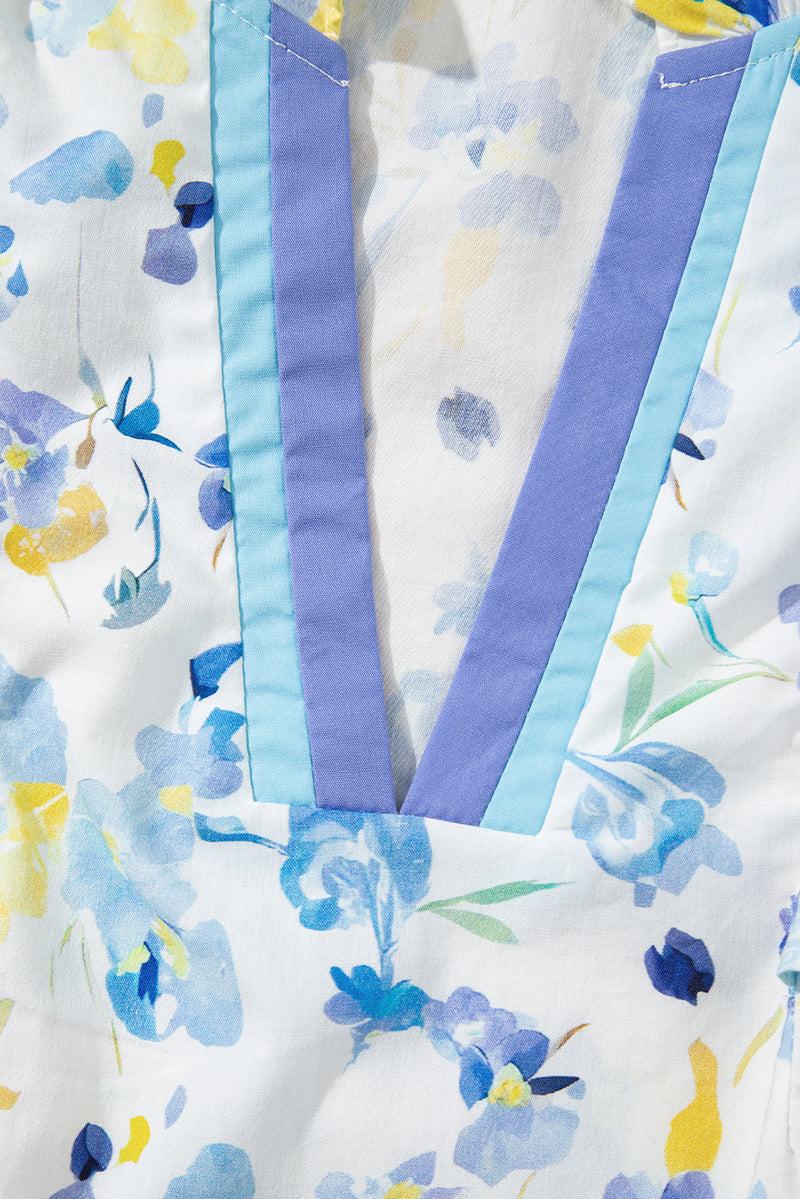 Floral Print Frilled Notched V Neck Blouse