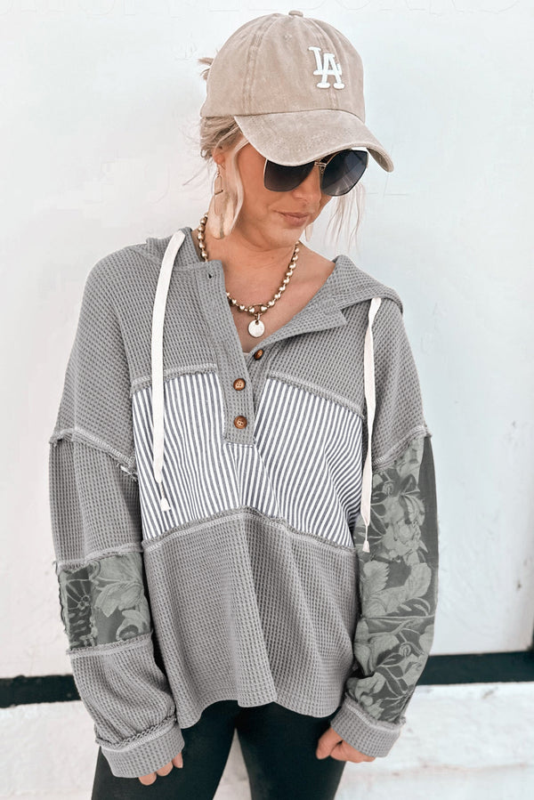 Waffle Printed Patchwork Drawstring Hooded Long Sleeve Top
