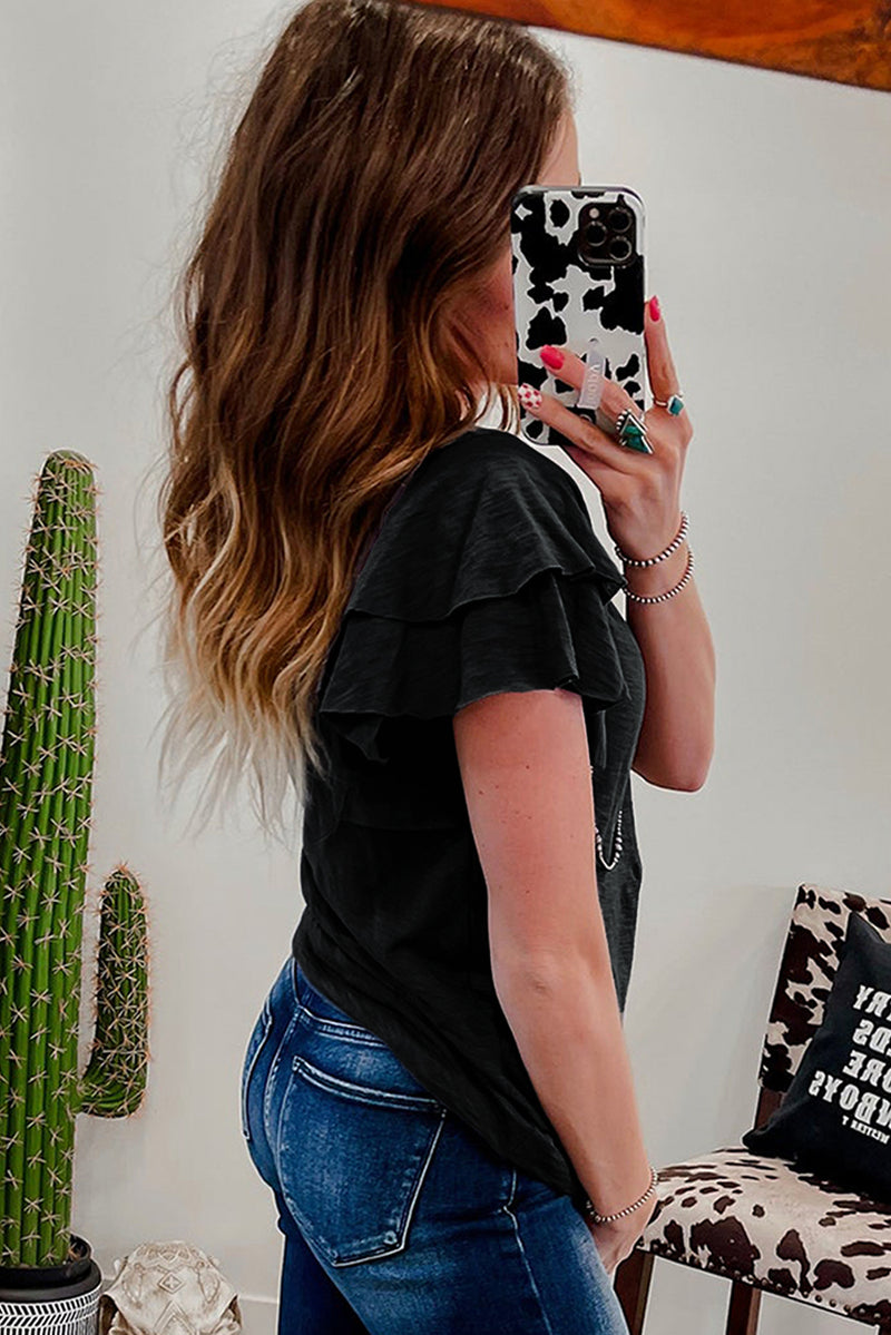 Solid Layered Ruffle Short Sleeve Round Neck Top