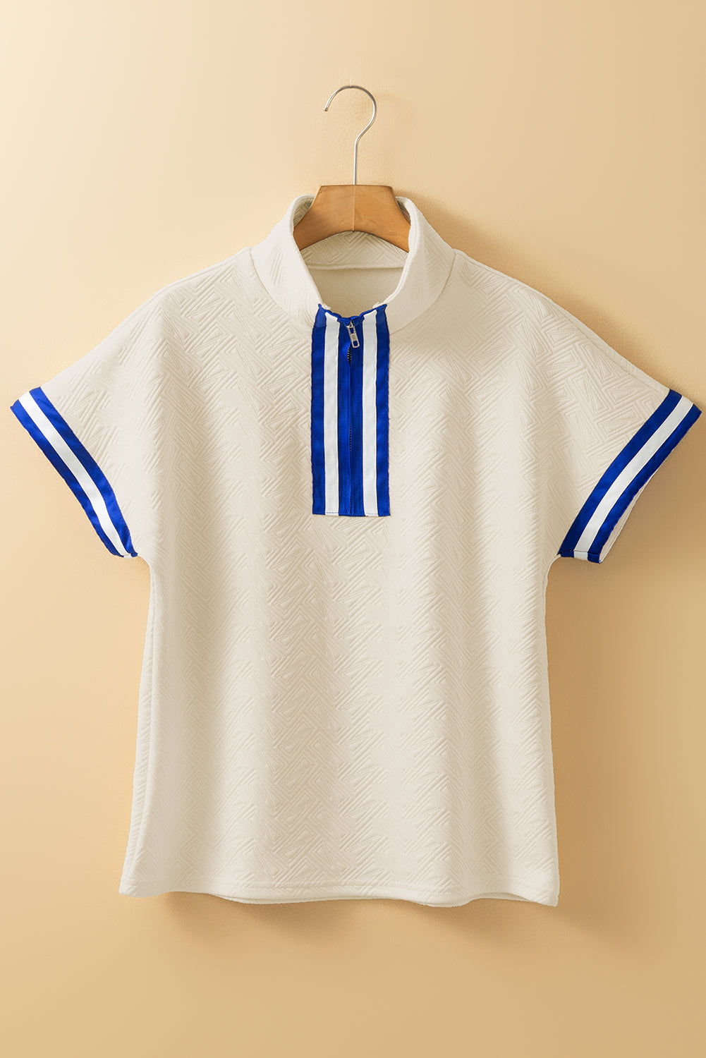 Preppy Striped Trim Textured Quarter Zipper Colorblock Short Sleeve Top