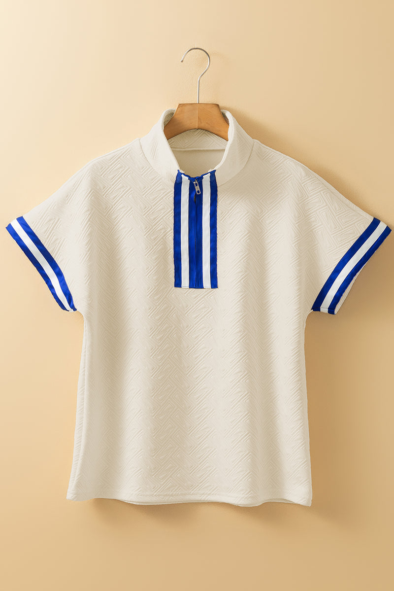 Preppy Striped Trim Textured Quarter Zipper Colorblock Short Sleeve Top