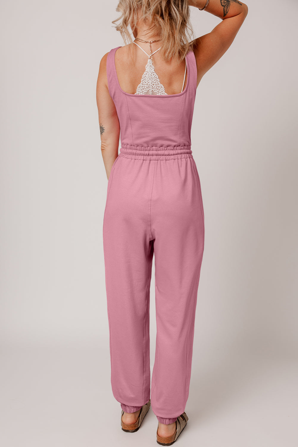 Lace-up Elastic Waist Sleeveless Square Neck Jumpsuit