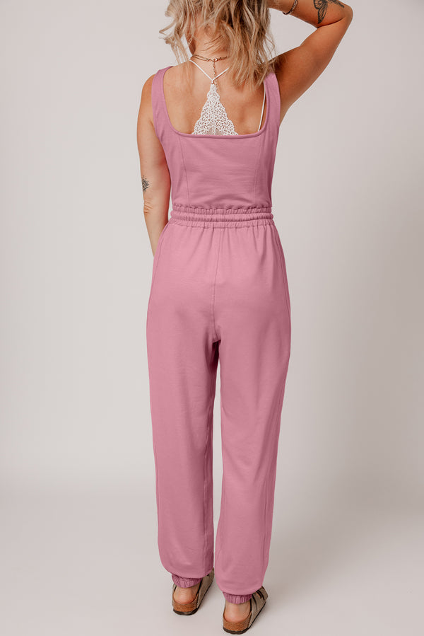 Lace-up Elastic Waist Sleeveless Square Neck Jumpsuit