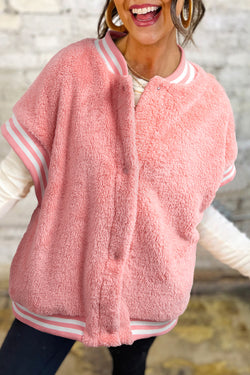Pink Varsity Striped Banding Patchwork Winter Plush Vest