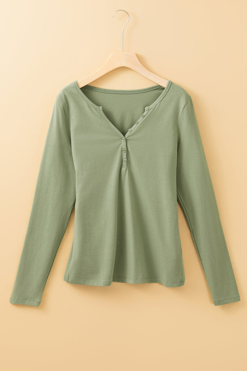 Solid Long Sleeve Buttons V Neck Slim Fit Top