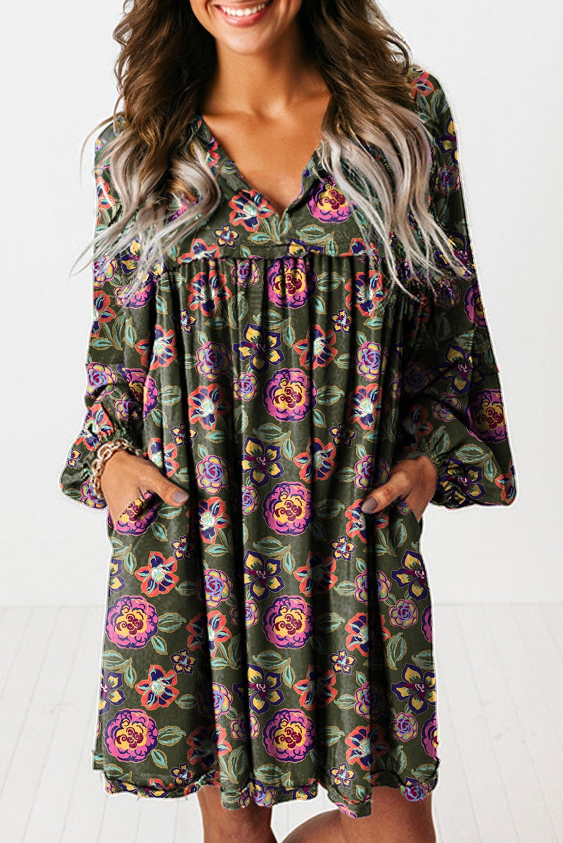 Floral Print Split Neck Bubble Sleeve Shift Mini Dress