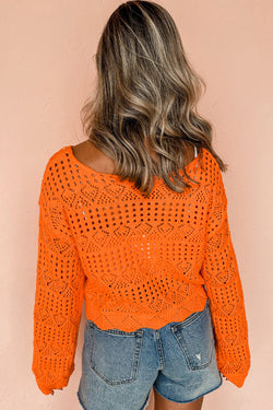 Orange Solid Color Open Crochet Scallop Edge Sweater