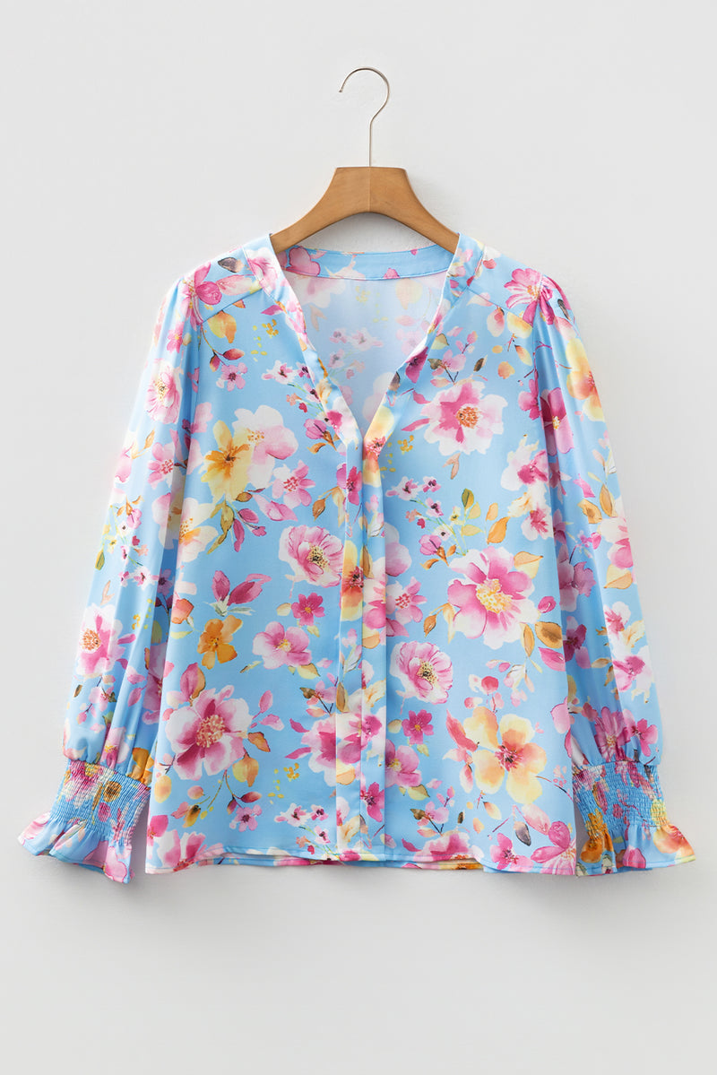 Floral Smocked Cuff Flounce Sleeve V Neck Blous