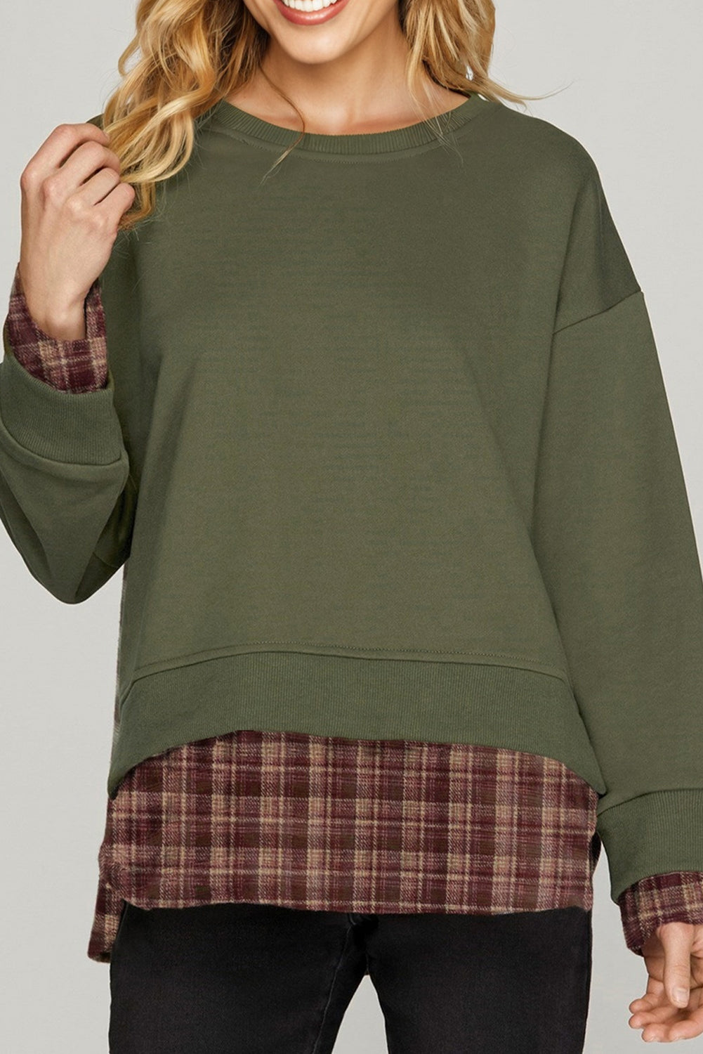 Vintage Plaid Patchwork Drop Shoulder Sweatshirt