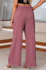 High Waisted Tie Front Side Pocket Wide Leg Flowy Casual Pants