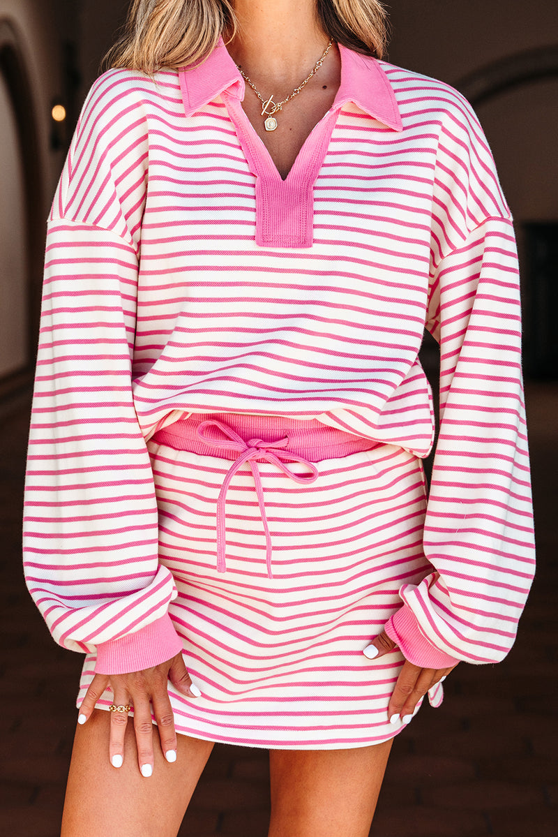 Stripe Collared V Neck Drop Shoulder Pullover and Skort 2pcs Outfit