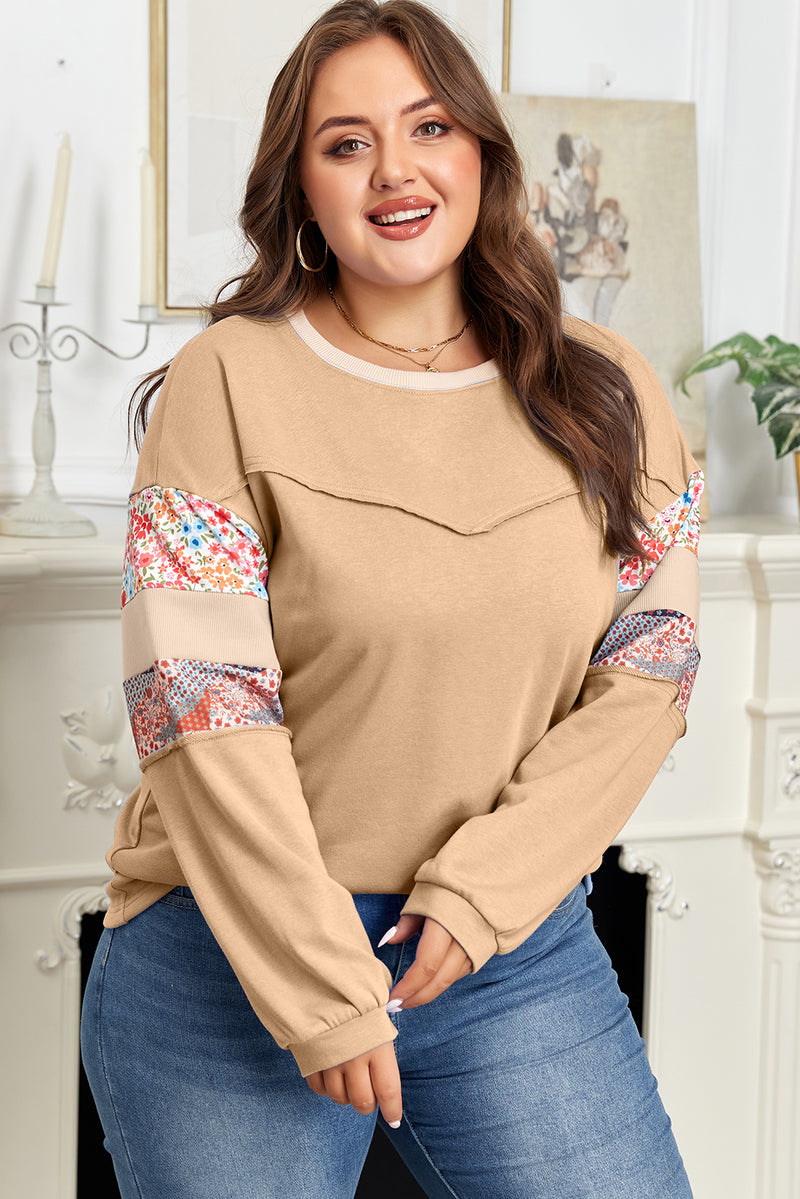 Exposed Seam Floral Mixed Patchwork Relaxed Plus Size Top