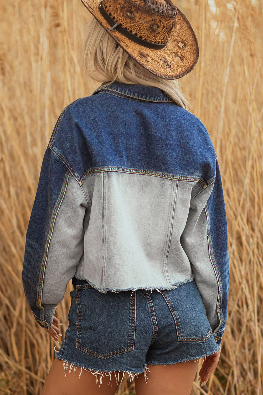 Color Block Patchwork Flap Detail Distress Denim Jacket