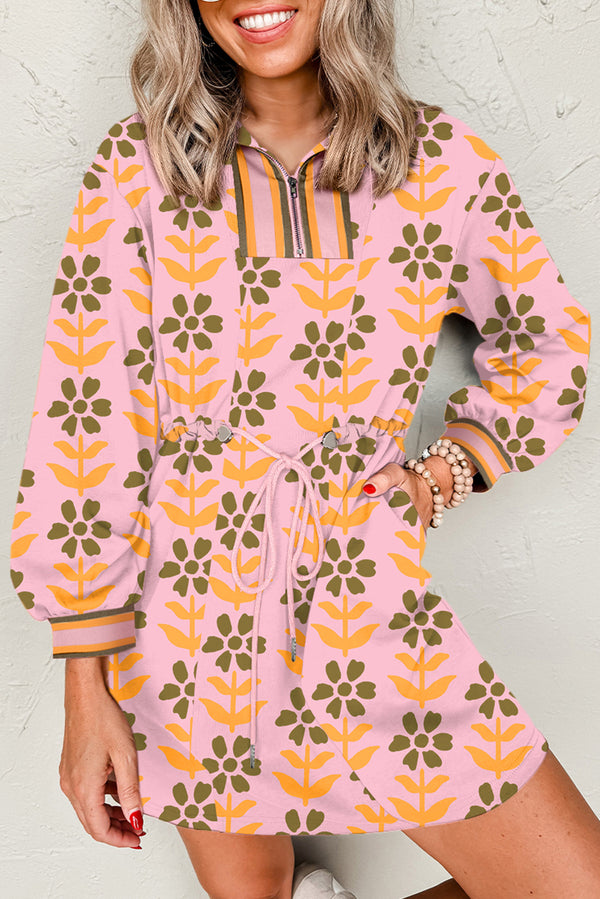 Floral Print Zip Neck Striped Patchwork Long Sleeve Drawstring Dress