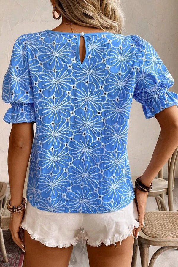 Eyelet Flower Embroidery Frilled Short Puff Sleeve Blouse