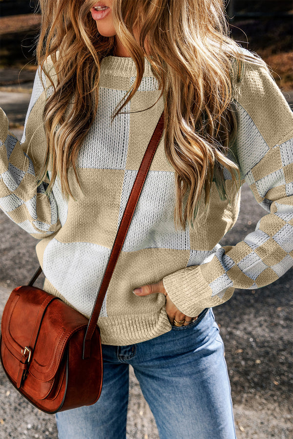 Pale Khaki kCheckered Print Drop Shoulder Sweater