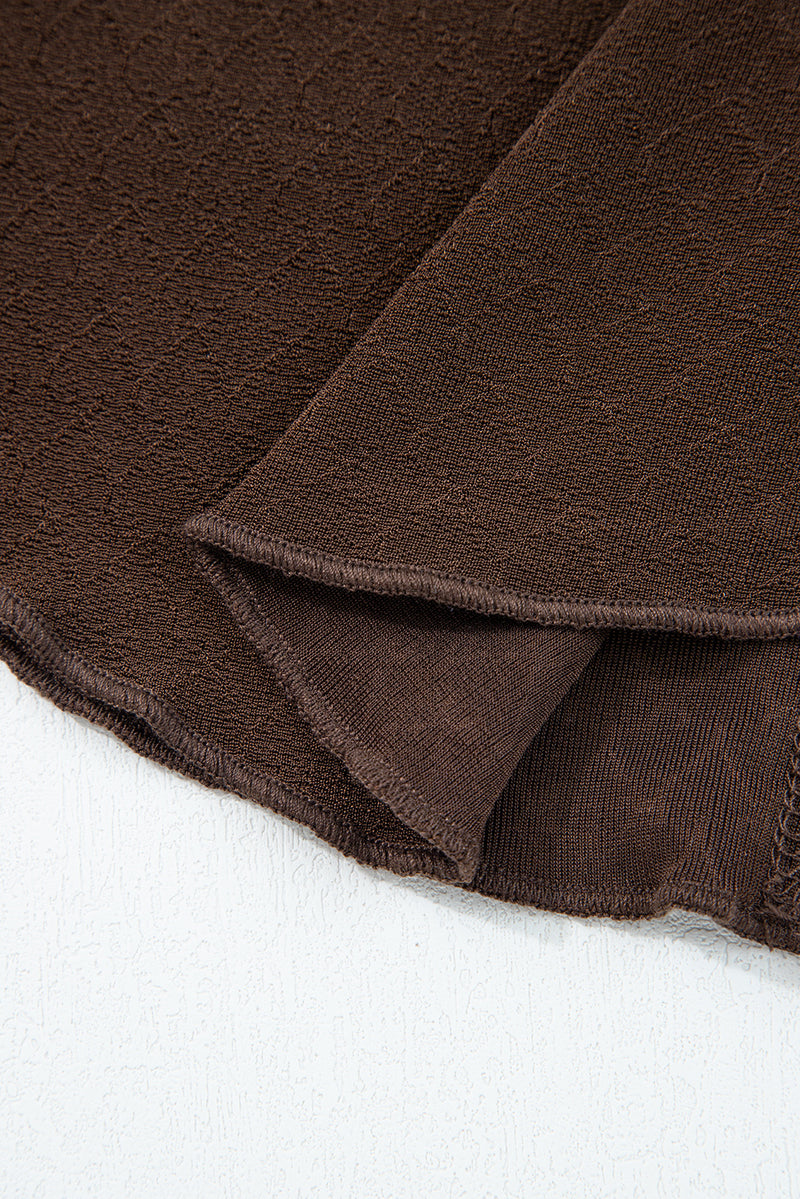 Brown Lettuce Trim Raw Seam Patchwork Jacquard Long Sleeve Top