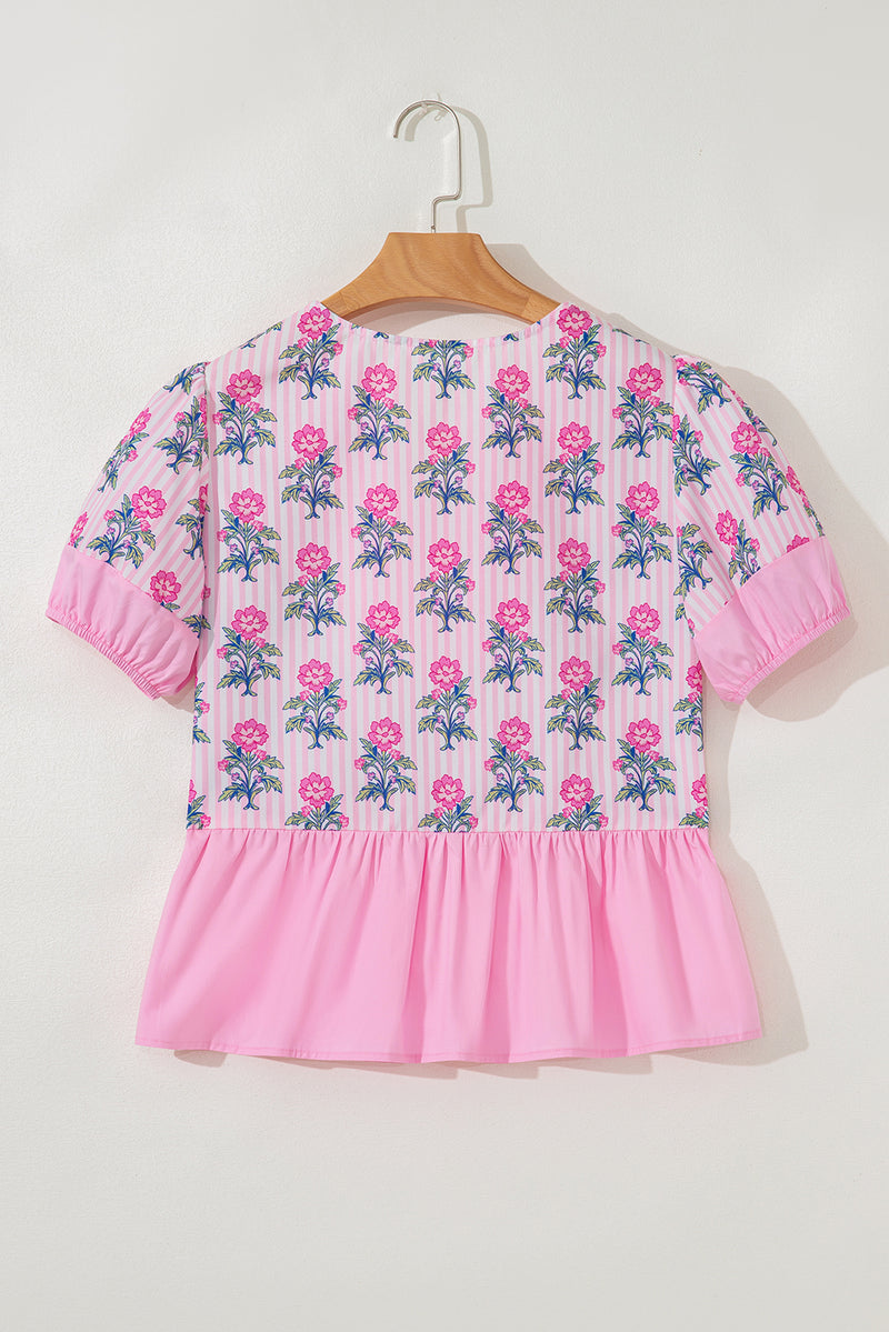 Floral Striped Print Contrast Patchwork Ruffle Hem Blouse