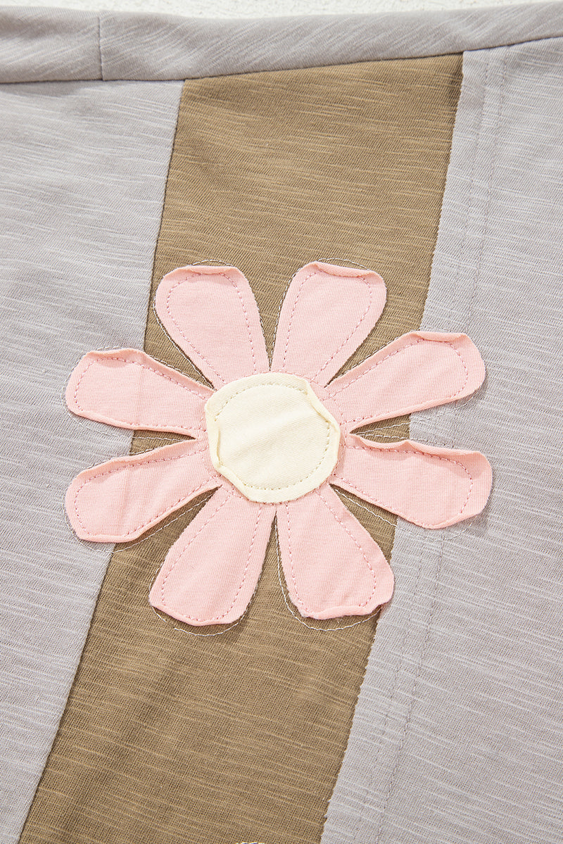Flower Patched Exposed Seam Bracelet Sleeve Oversized T Shirt