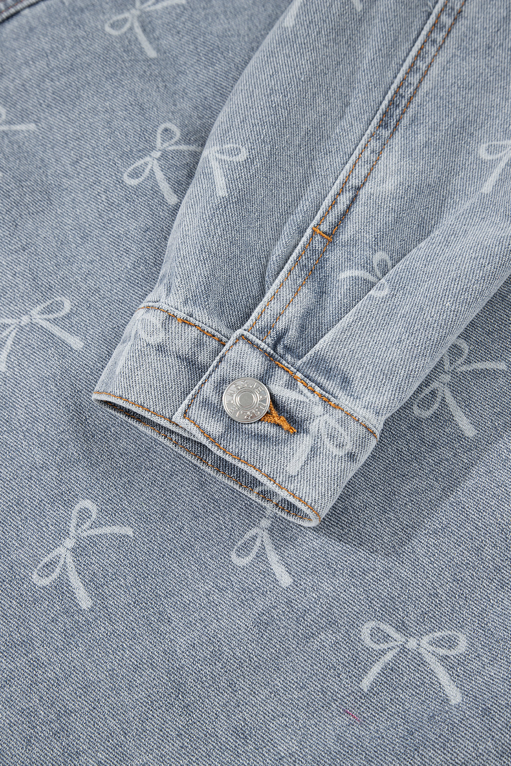 Bow Knot Print Light Wash Raw Hem Denim Jacket