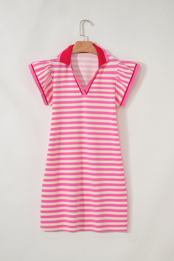 Stripe Print Contrast Collar Split Neck Flutter Sleeve Short Dress