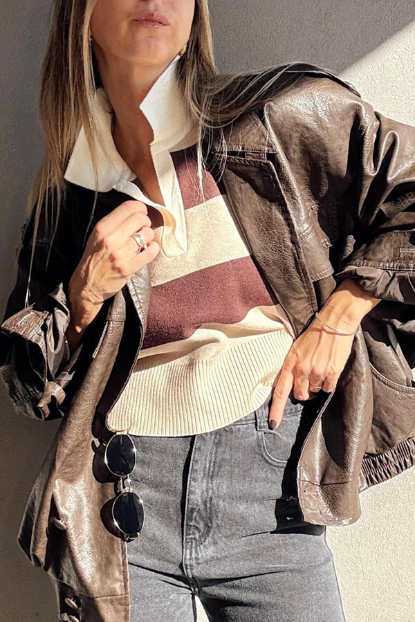 Ribbed Trim Color Block Knitted Polo Collar Sweater