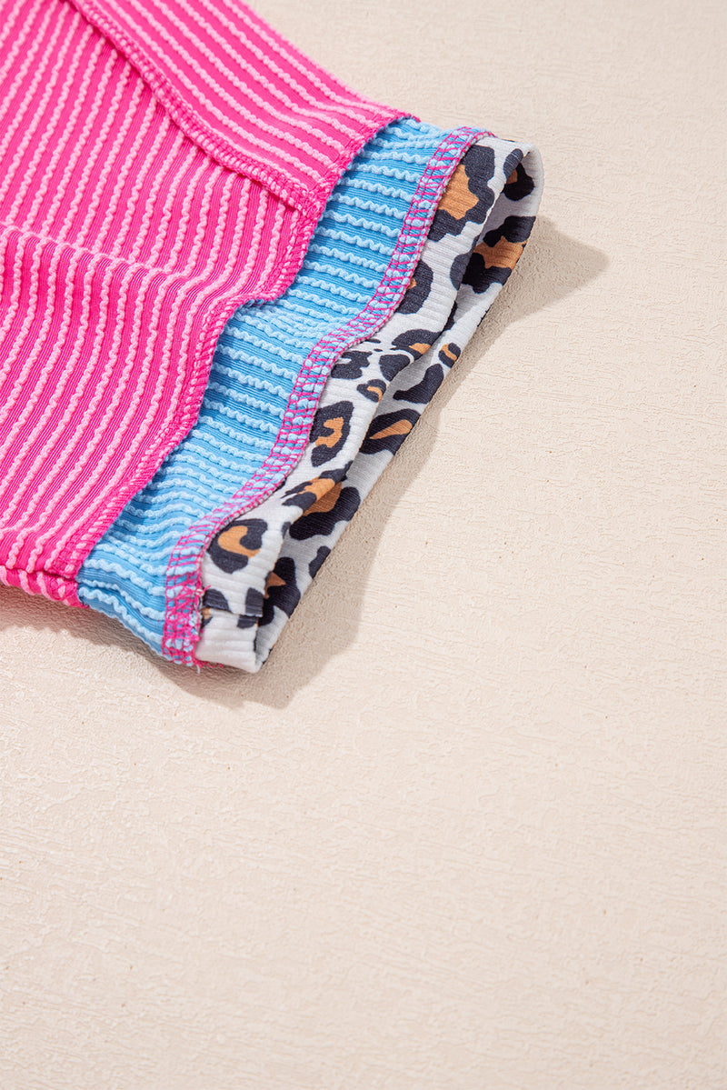 Leopard Patchwork Corded Knit Crew Neck T Shirt