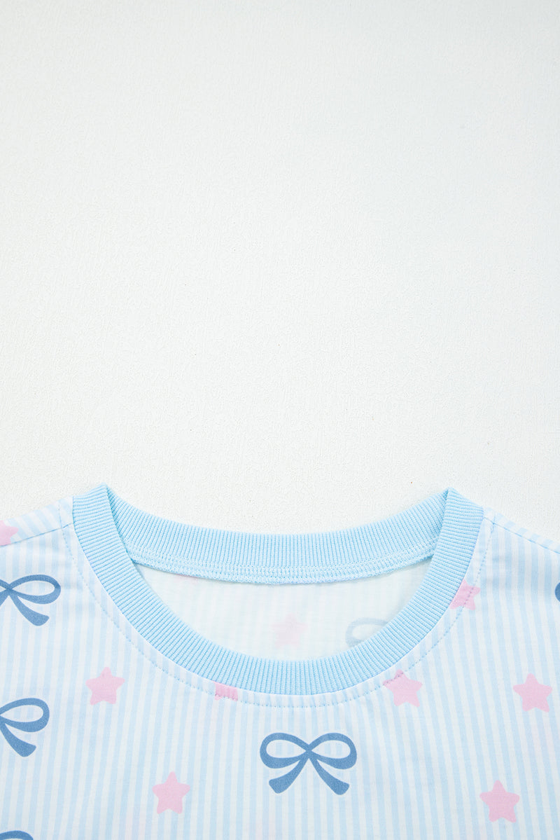 Stripe Bow Star Print Tied Detail 2pcs Lounge Set