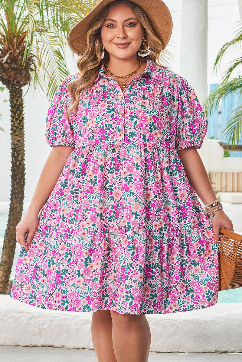 Plus Size Floral Half Button Short Puff Sleeve A-line Dress