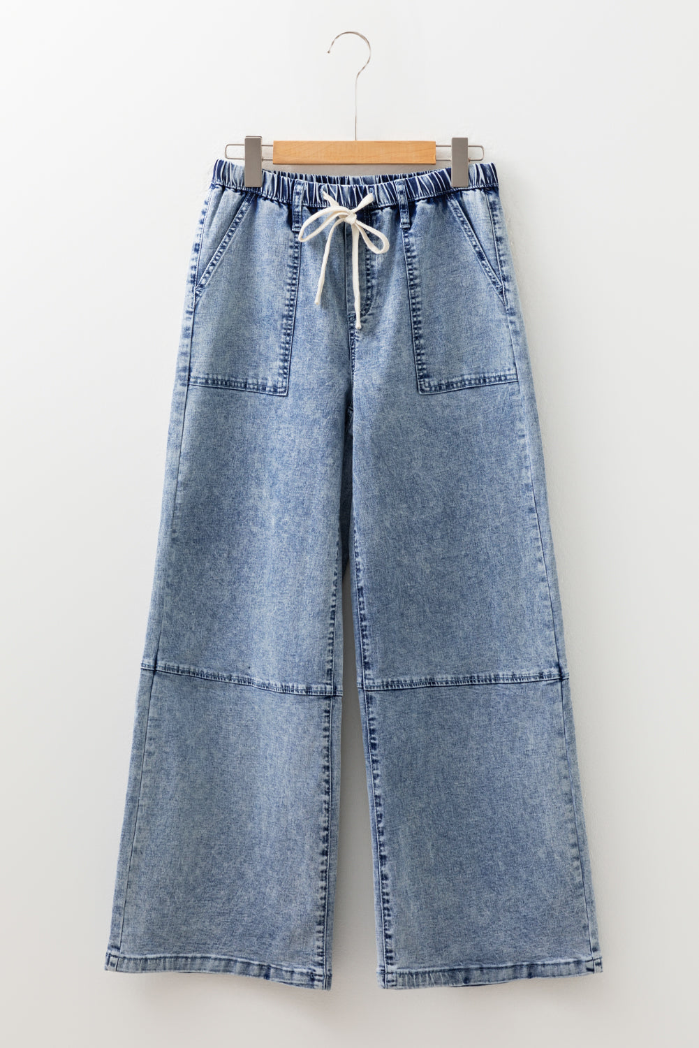 Acid Wash Exposed Seam Drawstring High Waist Jeans