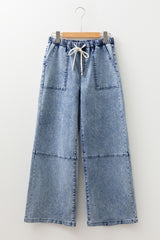 Acid Wash Exposed Seam Drawstring High Waist Jeans