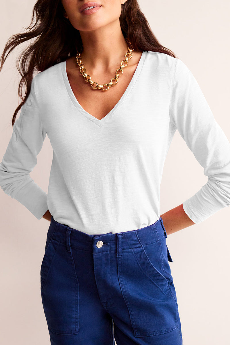 Solid Color V Neck Long Sleeve Stretchy Top