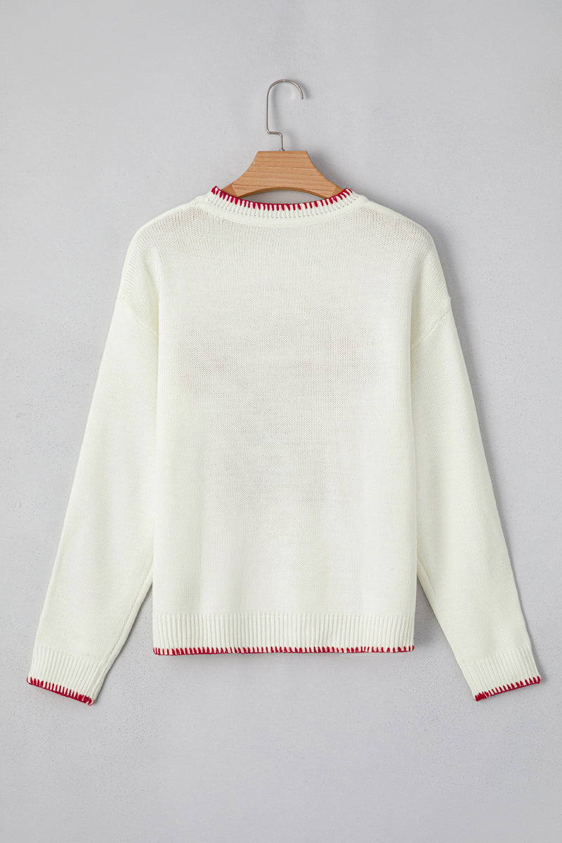 Bow Pattern Contrast Trim Christmas Loose Graphic Sweater