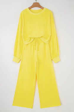 Drop Shoulder Puff Sleeve Crop Pullover Drawstring Wide Leg Pants Set