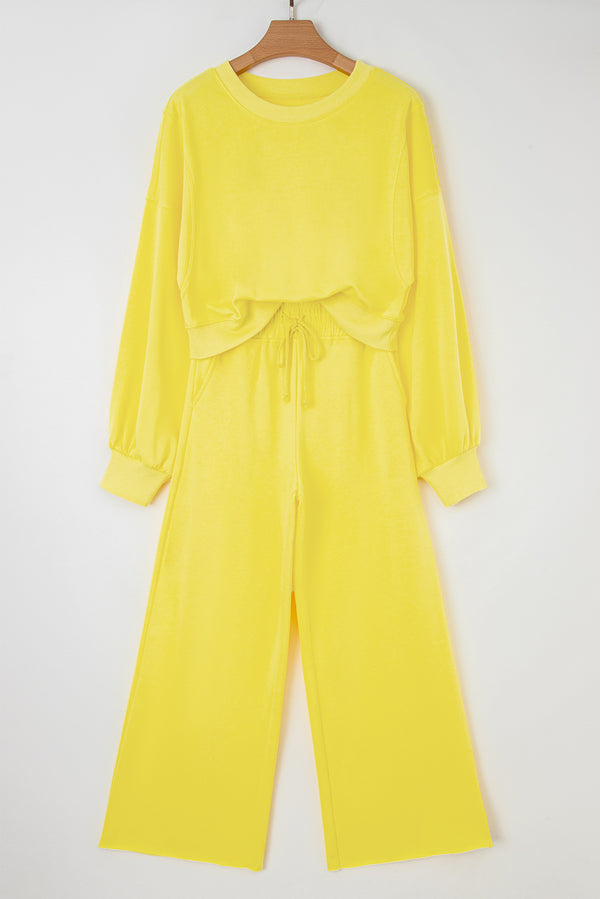 Drop Shoulder Puff Sleeve Crop Pullover Drawstring Wide Leg Pants Set