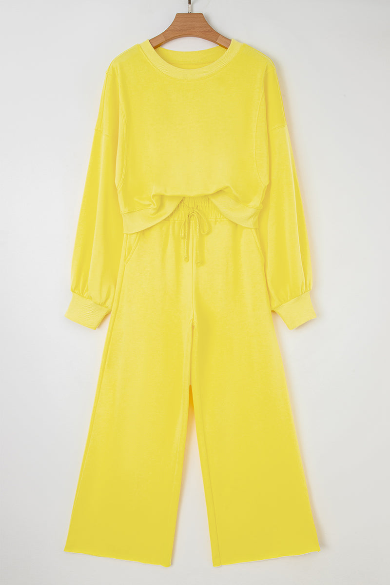 Drop Shoulder Puff Sleeve Crop Pullover Drawstring Wide Leg Pants Set