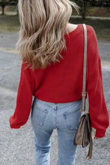 Solid Textured Knit V Neck Drop Shoulder Sweater