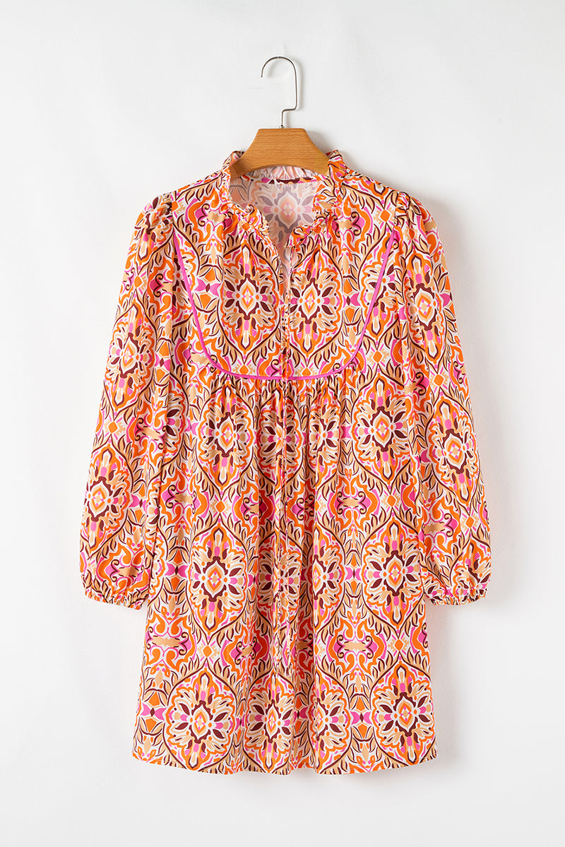 Abstract Printed Long Sleeve Tied Neckline Mini Dress