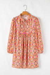 Abstract Printed Long Sleeve Tied Neckline Mini Dress