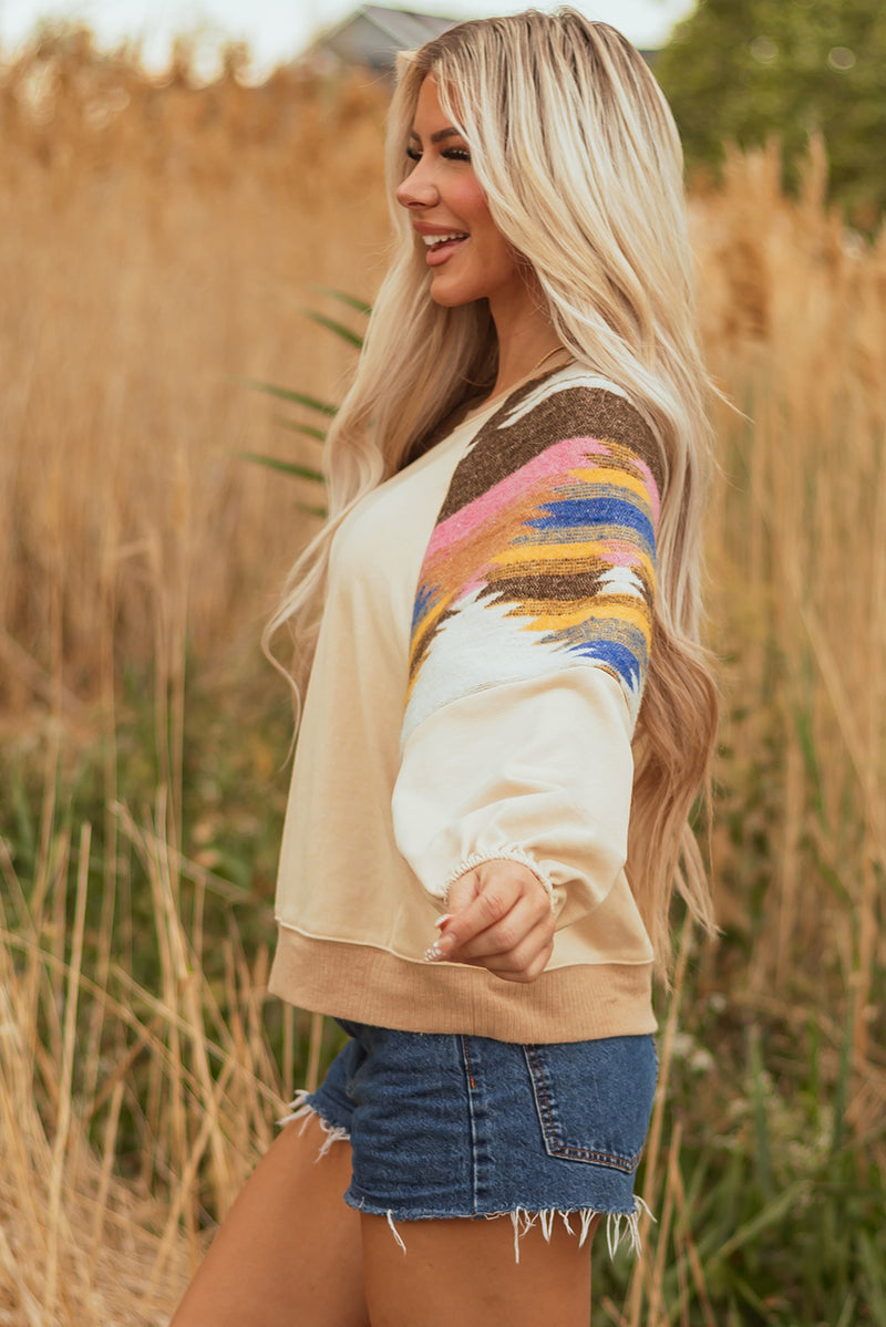 Light French Aztec Patchwork Raglan Pullover Sweatshirt