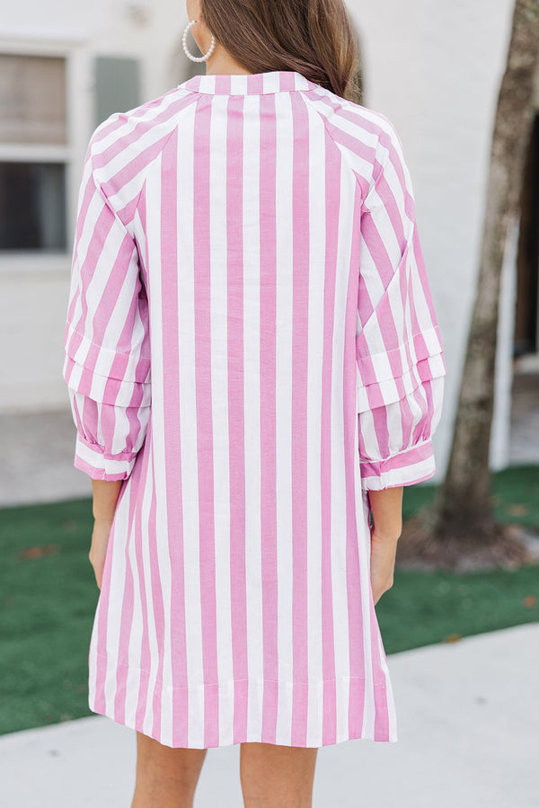 Stripe Bracelet Sleeve Buttons Loose Mini Dress