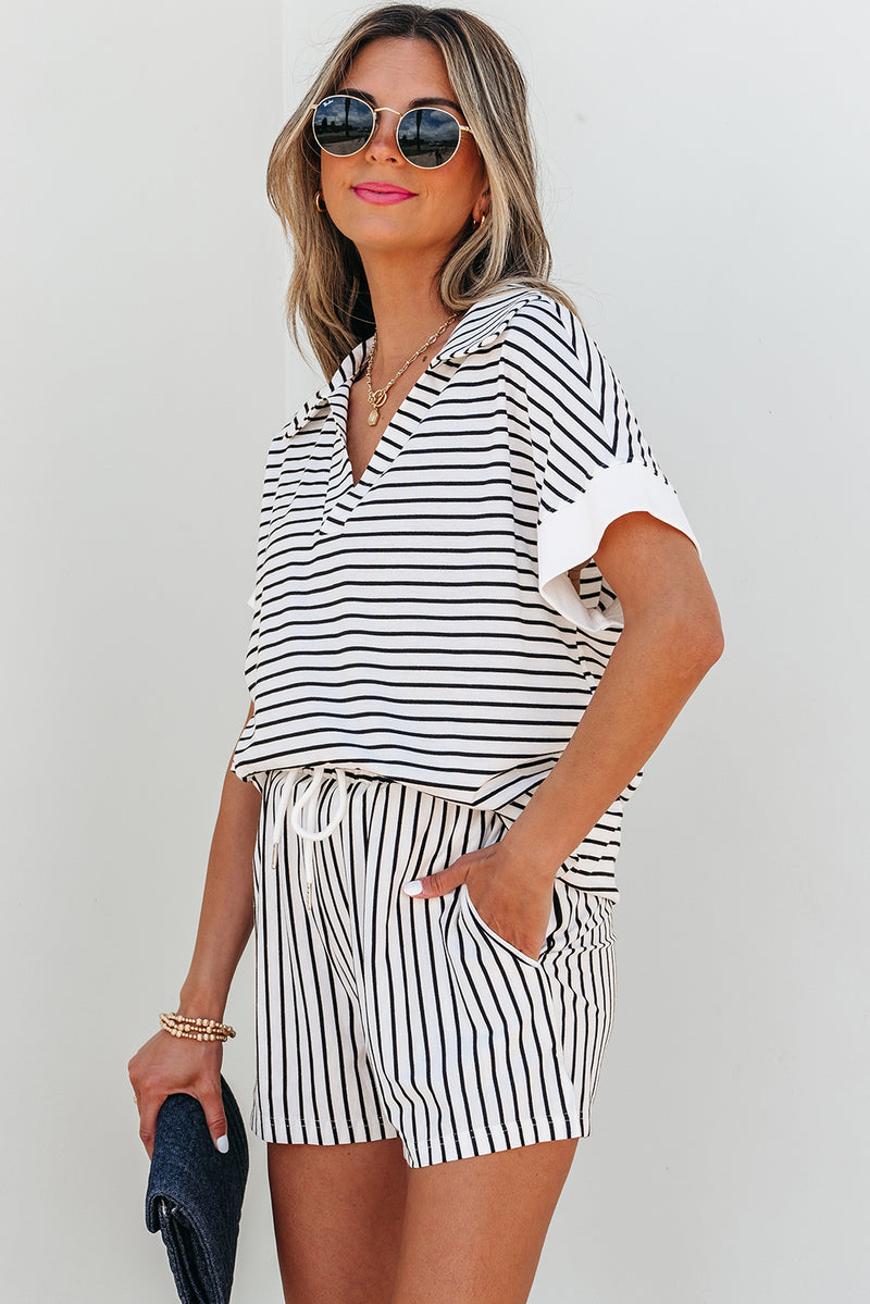 Stripe V Neck Tee and Casual Short Set