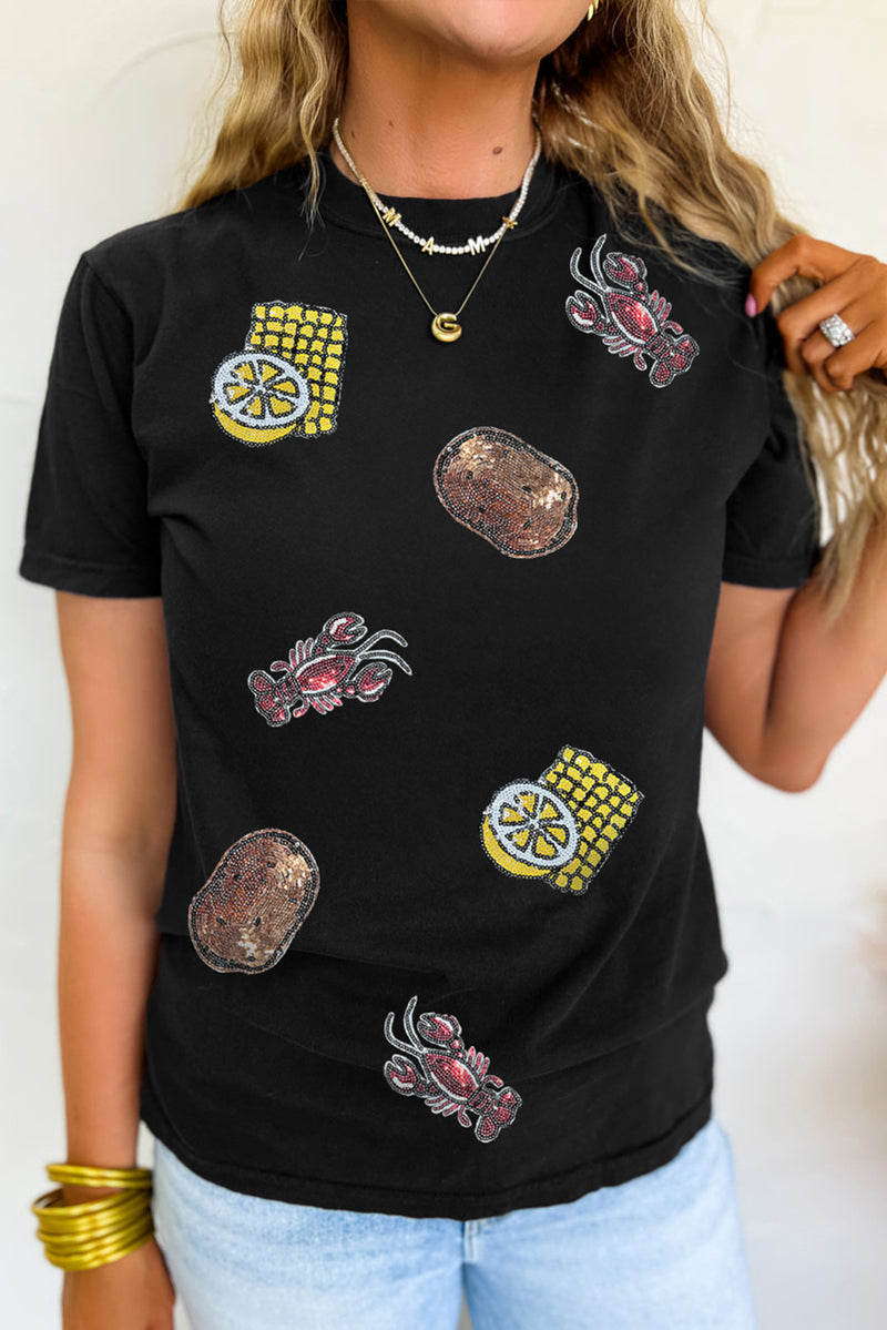 Sequin Crawfish Potato Lemon Corn Graphic Crewneck T Shirt