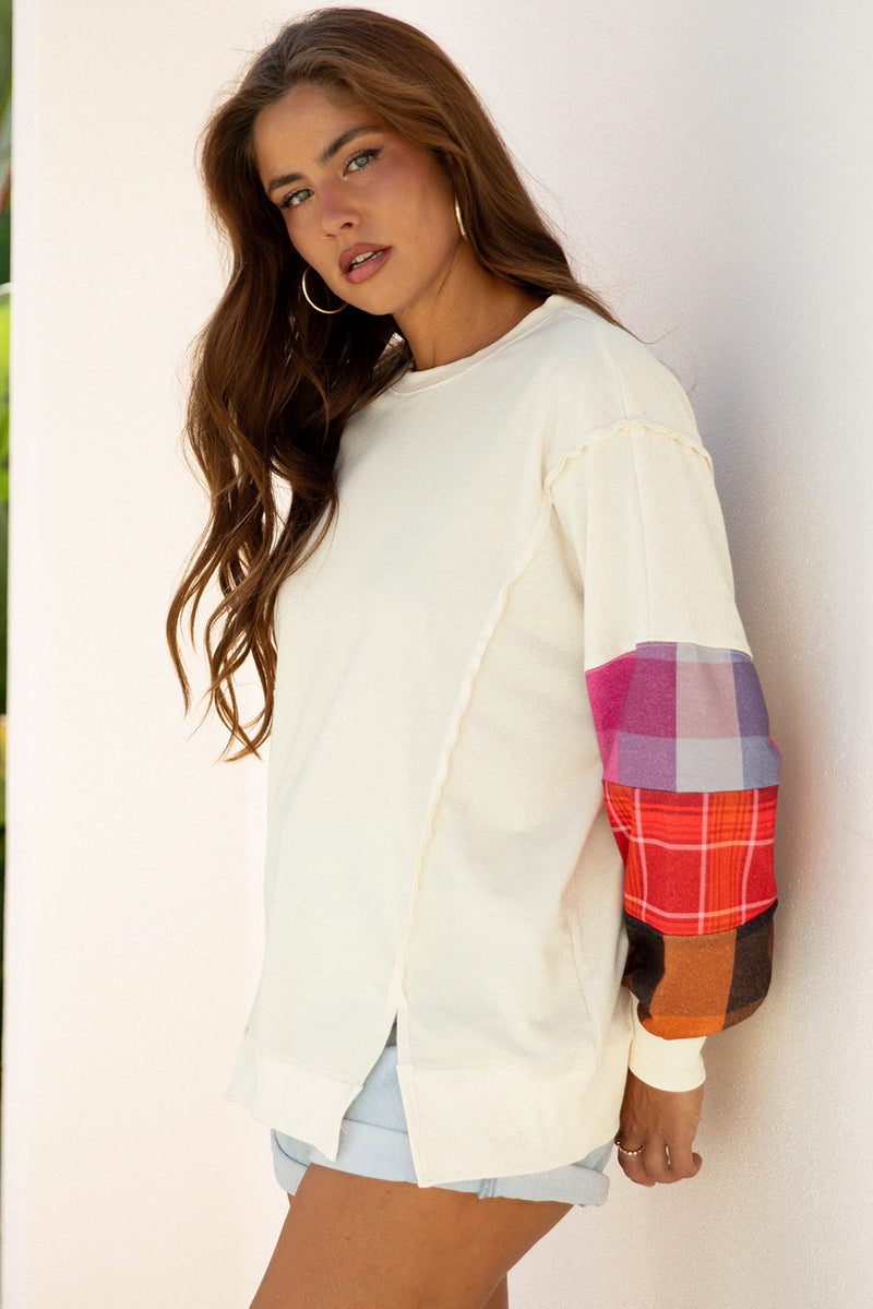 Contrast Plaid Long Sleeve Exposed Seam Patchwork Top