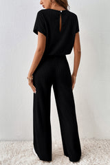 Solid Ribbed Keyhole Short Sleeve Wide Leg Jumpsuit