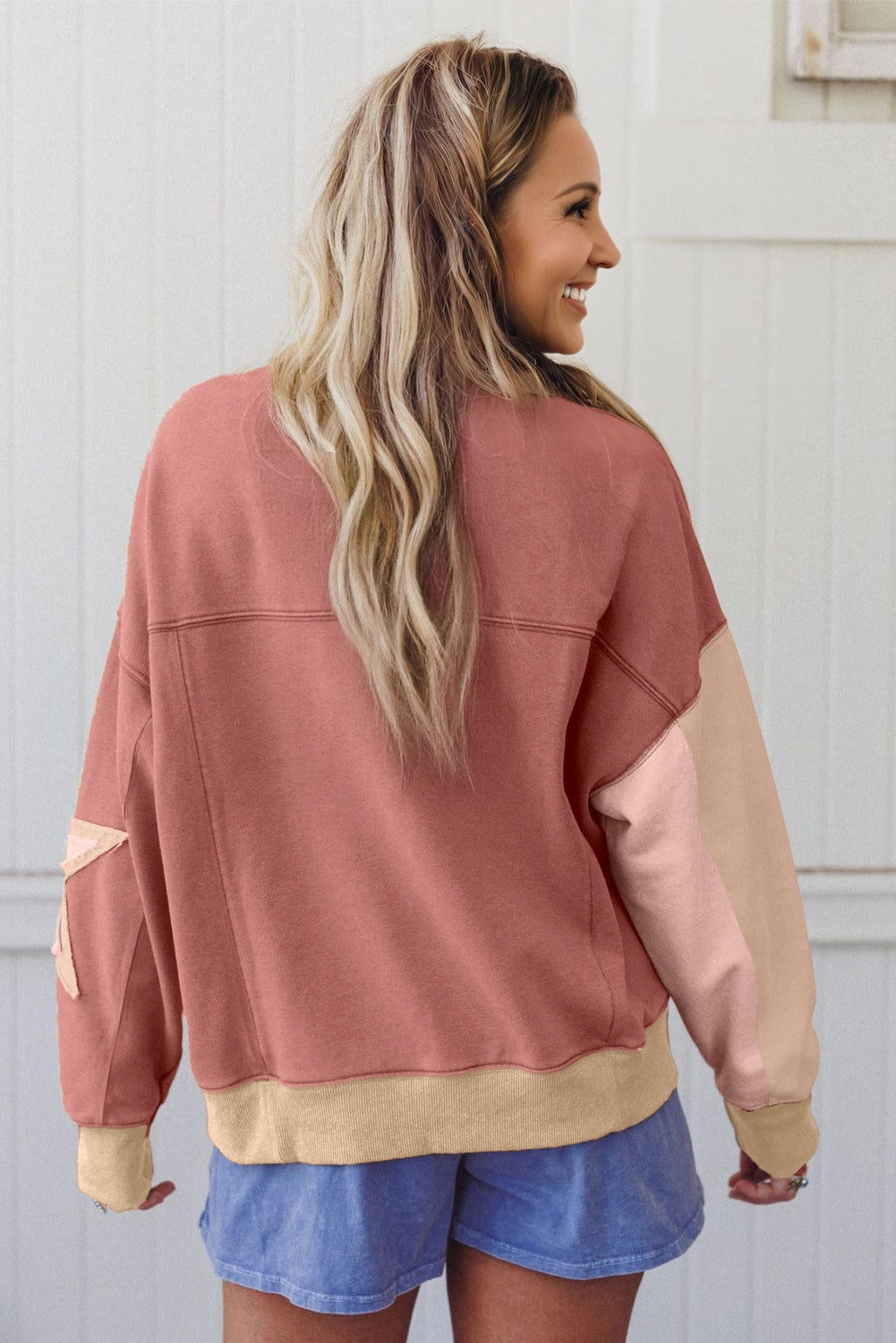 Old Rose Contrast Star Patchwork Exposed Seam Uneven Hem Drop Shoulder Sweatshirt