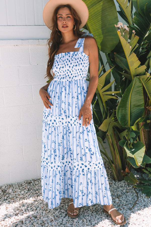 Tie knot Floral Smocked Tied Straps A-Lined Tiered Maxi Dress